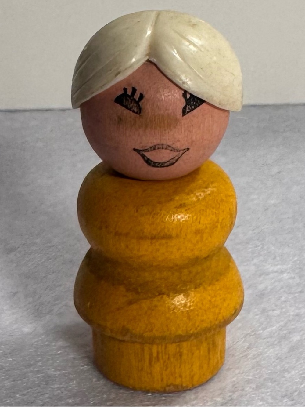 Vintage Fisher Price Little People WOODEN Woman Yellow Body White Hair Figure